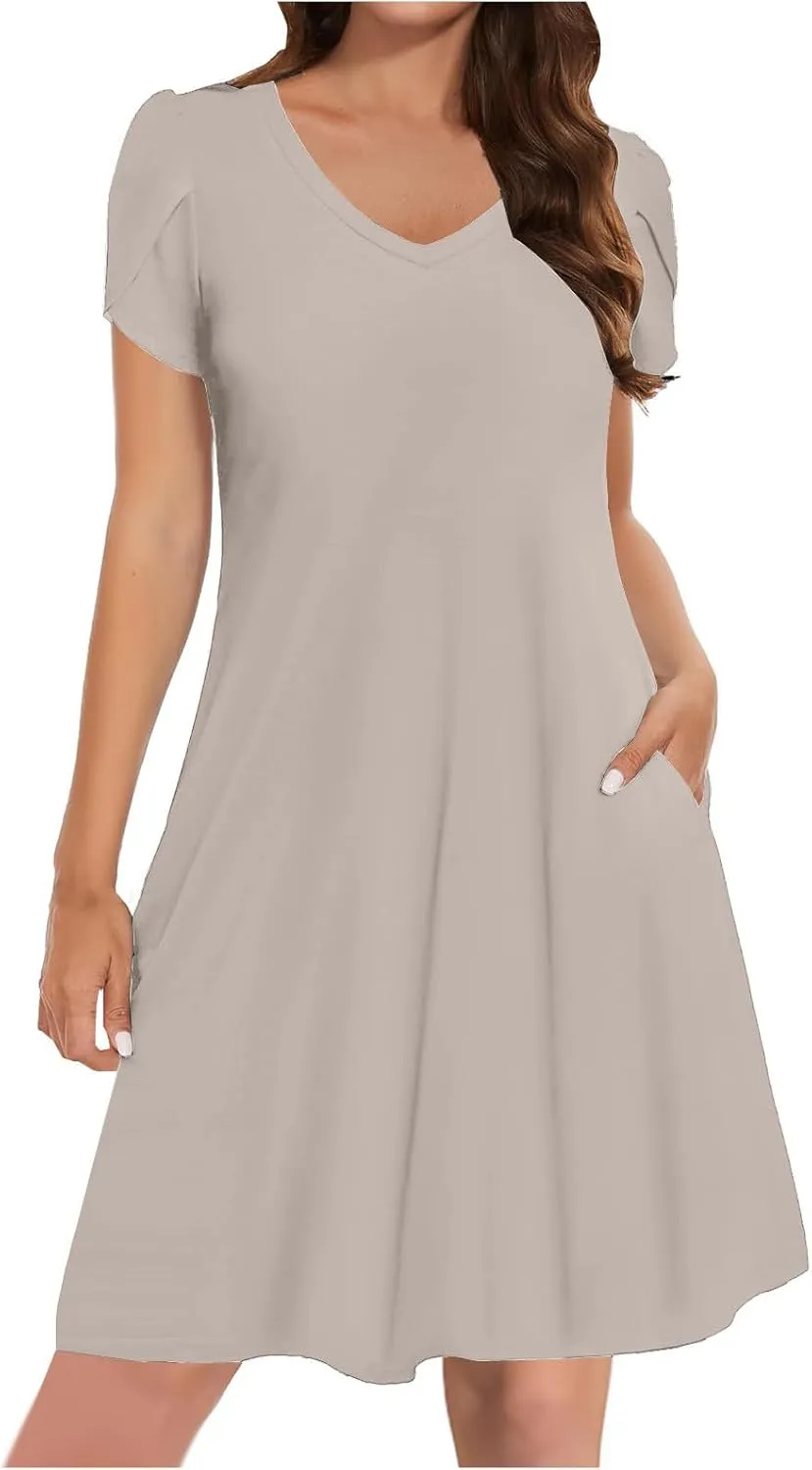 Dresses for Women 2025 Boho Vacation Beach Dress V Neck A Line Dress Loose Flowy Petal Sleeve Midi Dress with Pockets