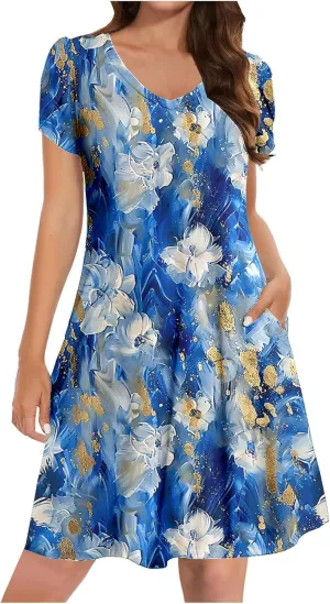 Dresses for Women 2025 Boho Vacation Beach Dress V Neck A Line Dress Loose Flowy Petal Sleeve Midi Dress with Pockets