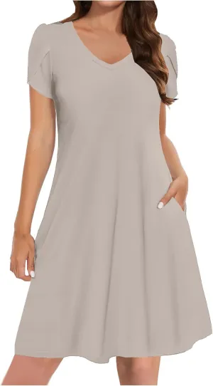 Dresses for Women 2025 Boho Vacation Beach Dress V Neck A Line Dress Loose Flowy Petal Sleeve Midi Dress with Pockets