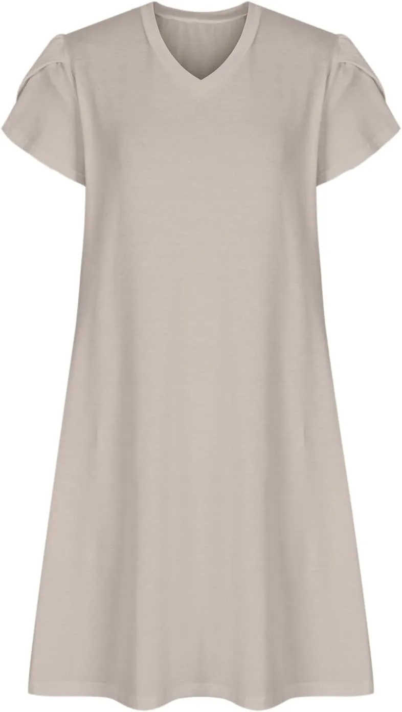 Dresses for Women 2025 Boho Vacation Beach Dress V Neck A Line Dress Loose Flowy Petal Sleeve Midi Dress with Pockets