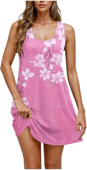 Dresses for Women 2025 Casual Floral Print Sleeveless Crewneck Flowy Mini Dress A Line Summer Beach Vacation Sundress