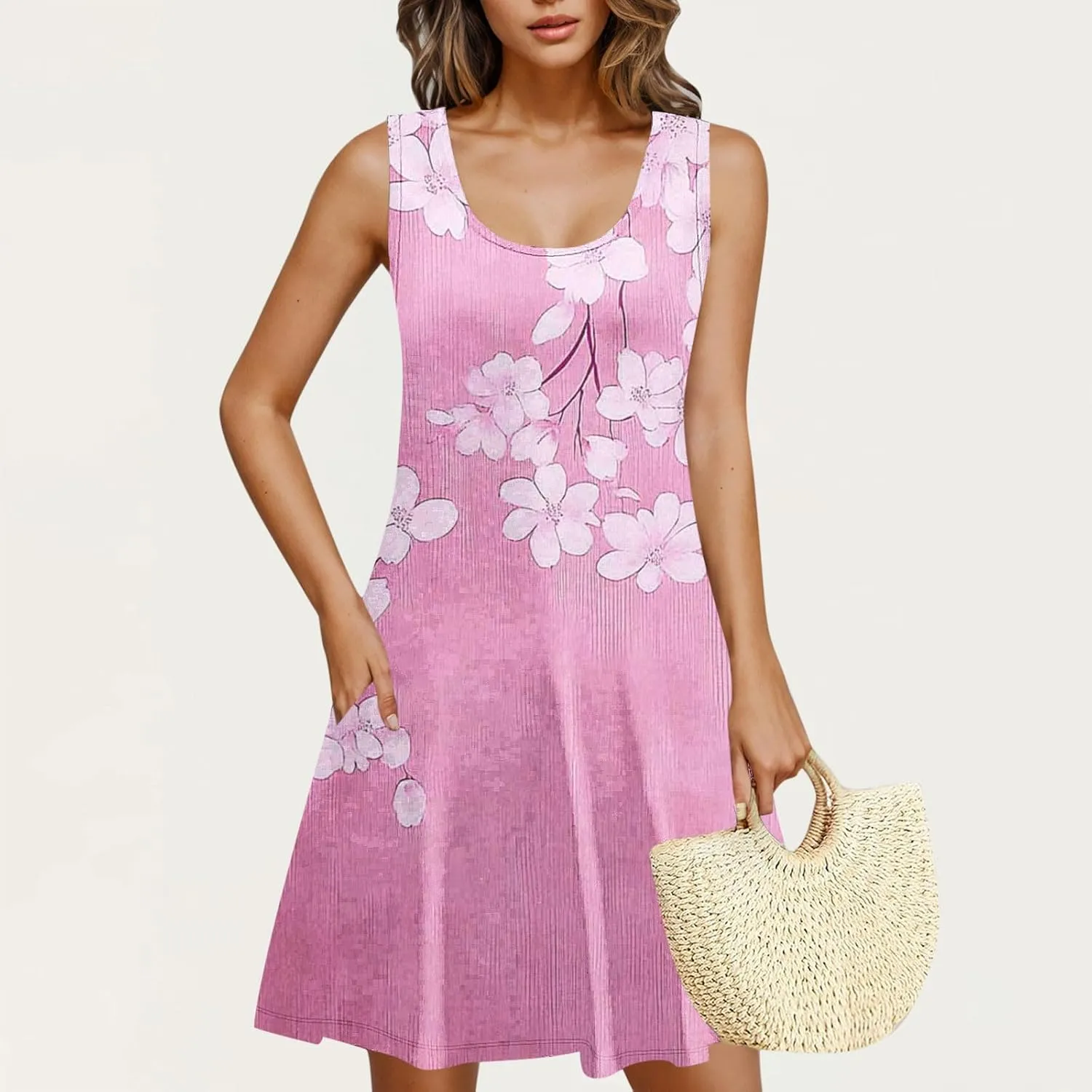 Dresses for Women 2025 Casual Floral Print Sleeveless Crewneck Flowy Mini Dress A Line Summer Beach Vacation Sundress