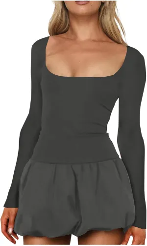 Dresses for Women 2025 Elegant Classy Scoop Neck Long Sleeve Mini Dress Sexy Sundress Loose Fit Flowy Dresses