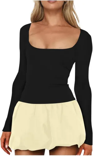 Dresses for Women 2025 Elegant Classy Scoop Neck Long Sleeve Mini Dress Sexy Sundress Loose Fit Flowy Dresses