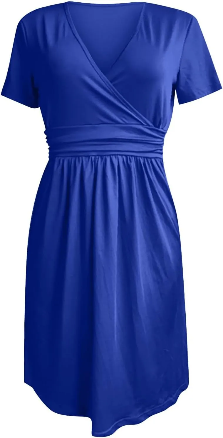 Dresses for Women 2025 Summer Short Sleeve V Neck Midi Dress Empire Waist Casual Loose Fit Vacation A Line Dress