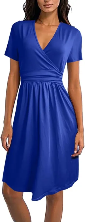 Dresses for Women 2025 Summer Short Sleeve V Neck Midi Dress Empire Waist Casual Loose Fit Vacation A Line Dress
