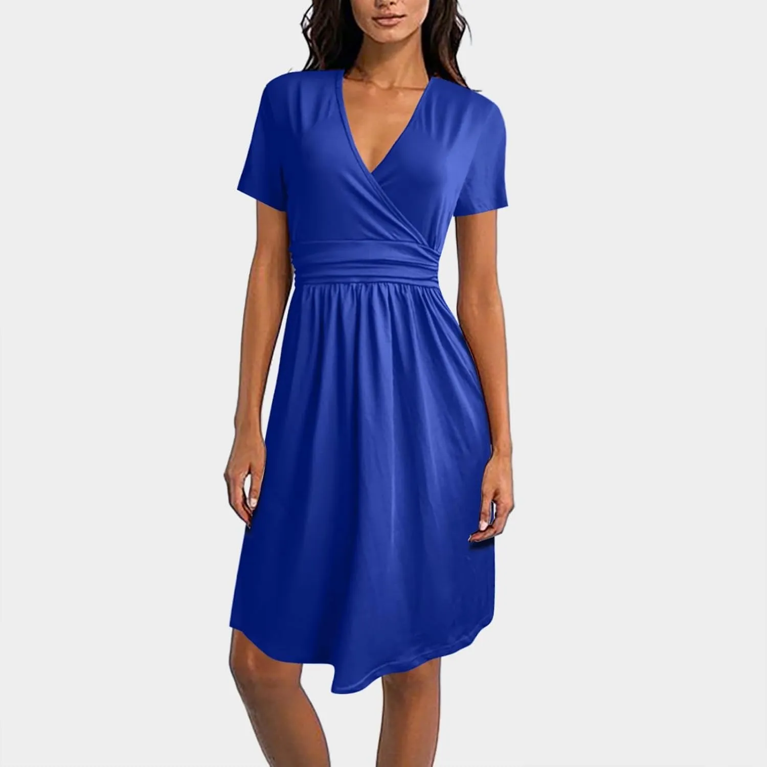 Dresses for Women 2025 Summer Short Sleeve V Neck Midi Dress Empire Waist Casual Loose Fit Vacation A Line Dress