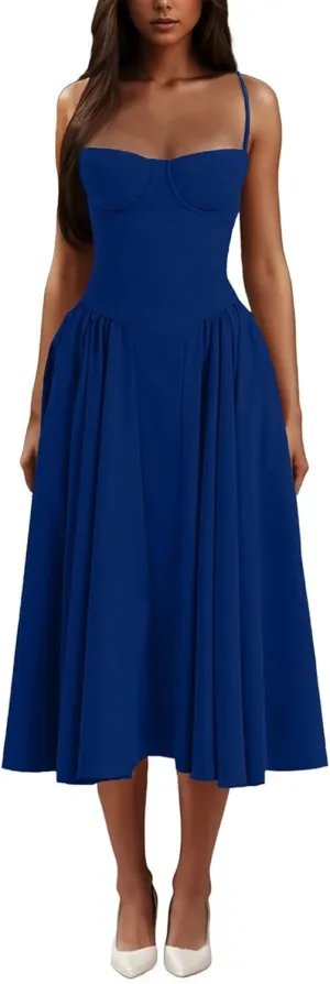 Dresses for Women Elegant Spaghetti Strap Midi Dress Pleated Low Cut Bustier Off Shoulder Dresses