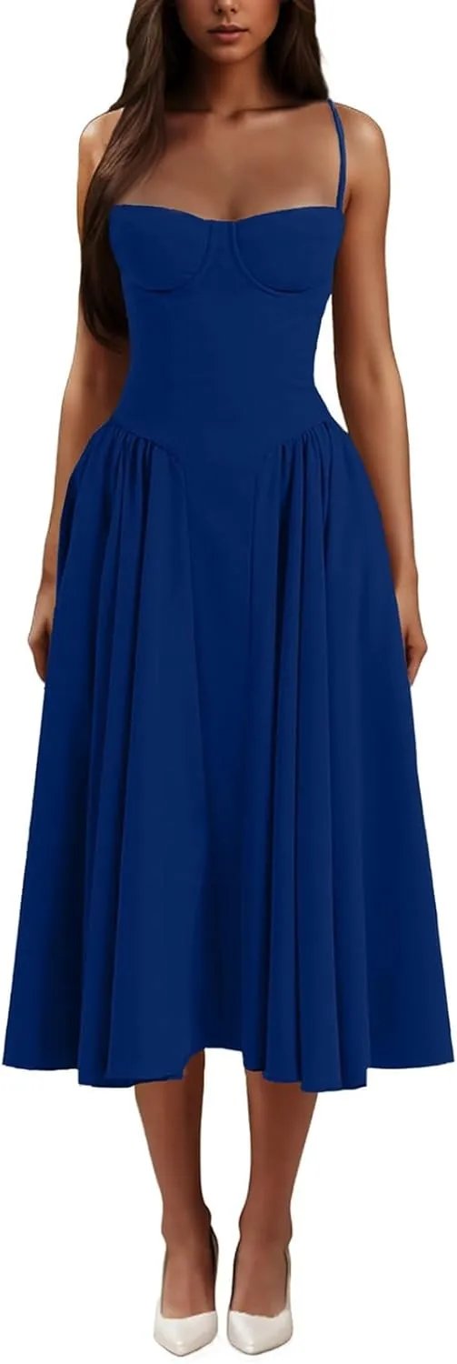 Dresses for Women Elegant Spaghetti Strap Midi Dress Pleated Low Cut Bustier Off Shoulder Dresses