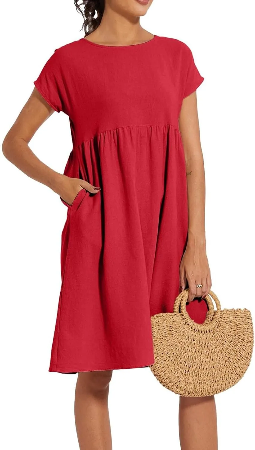 Dresses for Women Summer Plus Size Linen Short Sleeve Midi Dress Casual 2024 Beach Vacation Sundress with Pockets