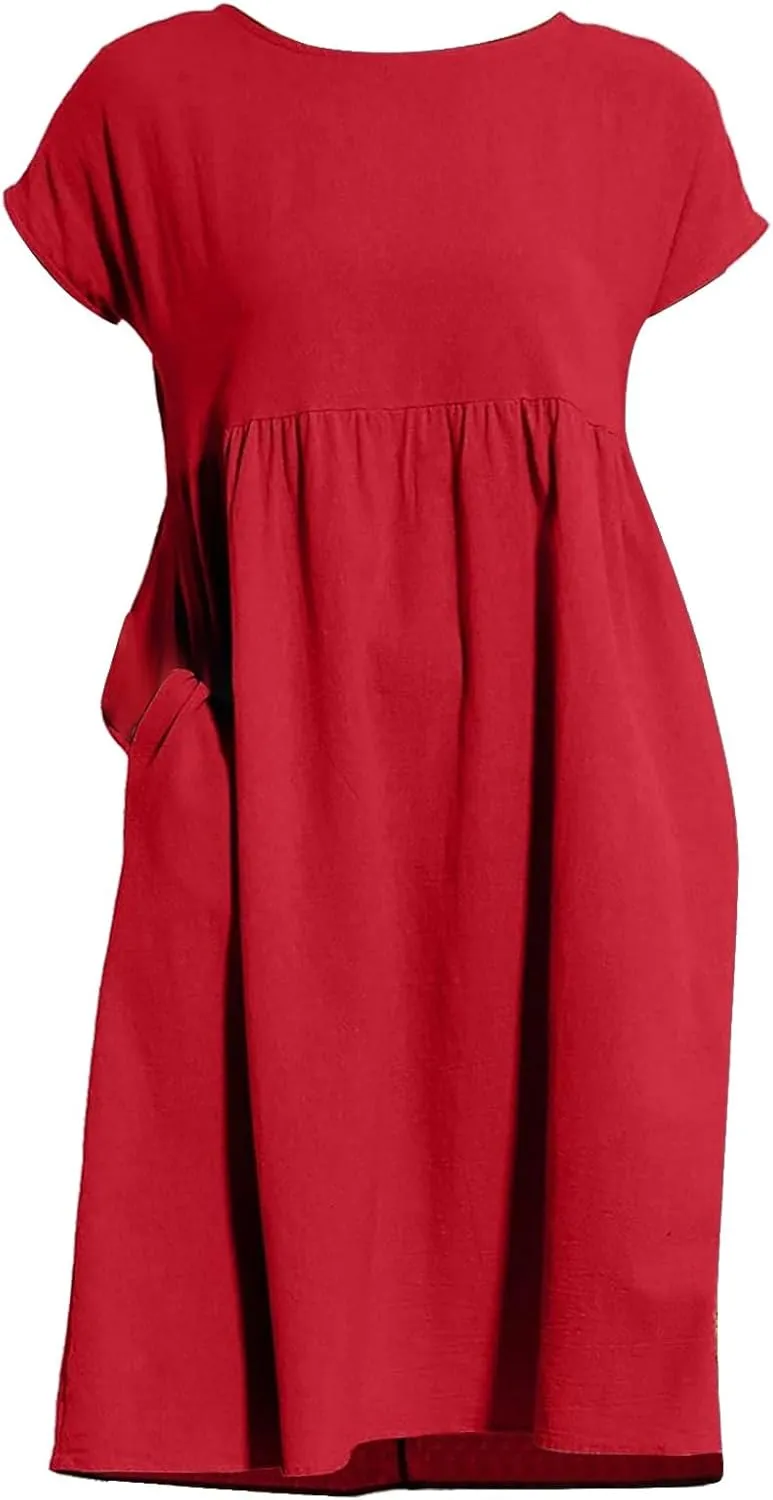 Dresses for Women Summer Plus Size Linen Short Sleeve Midi Dress Casual 2024 Beach Vacation Sundress with Pockets