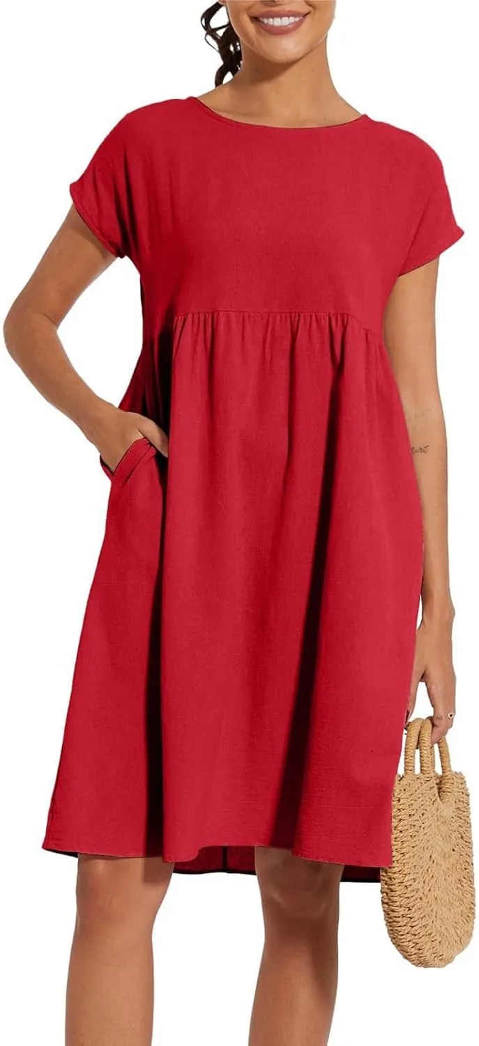 Dresses for Women Summer Plus Size Linen Short Sleeve Midi Dress Casual 2024 Beach Vacation Sundress with Pockets