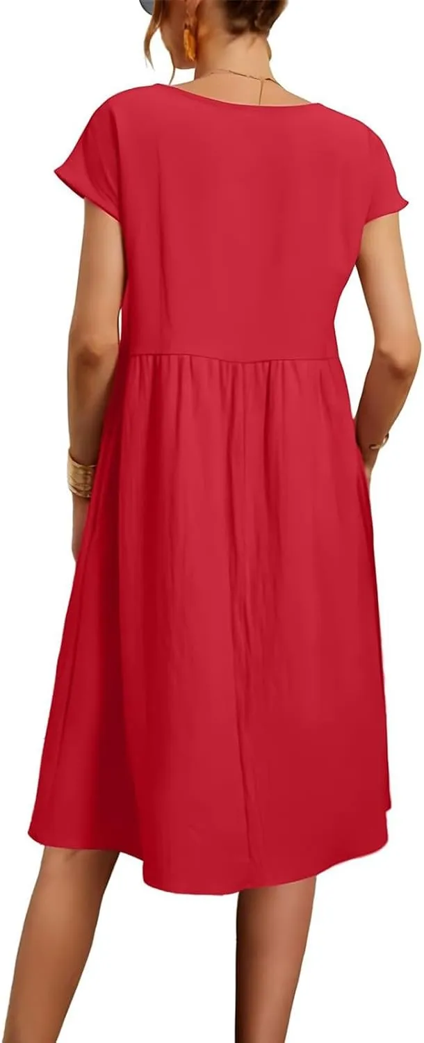 Dresses for Women Summer Plus Size Linen Short Sleeve Midi Dress Casual 2024 Beach Vacation Sundress with Pockets