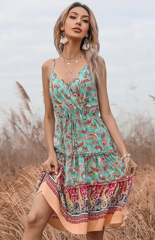 Ethnic Print Boho V-Neck Slip Midi Dress