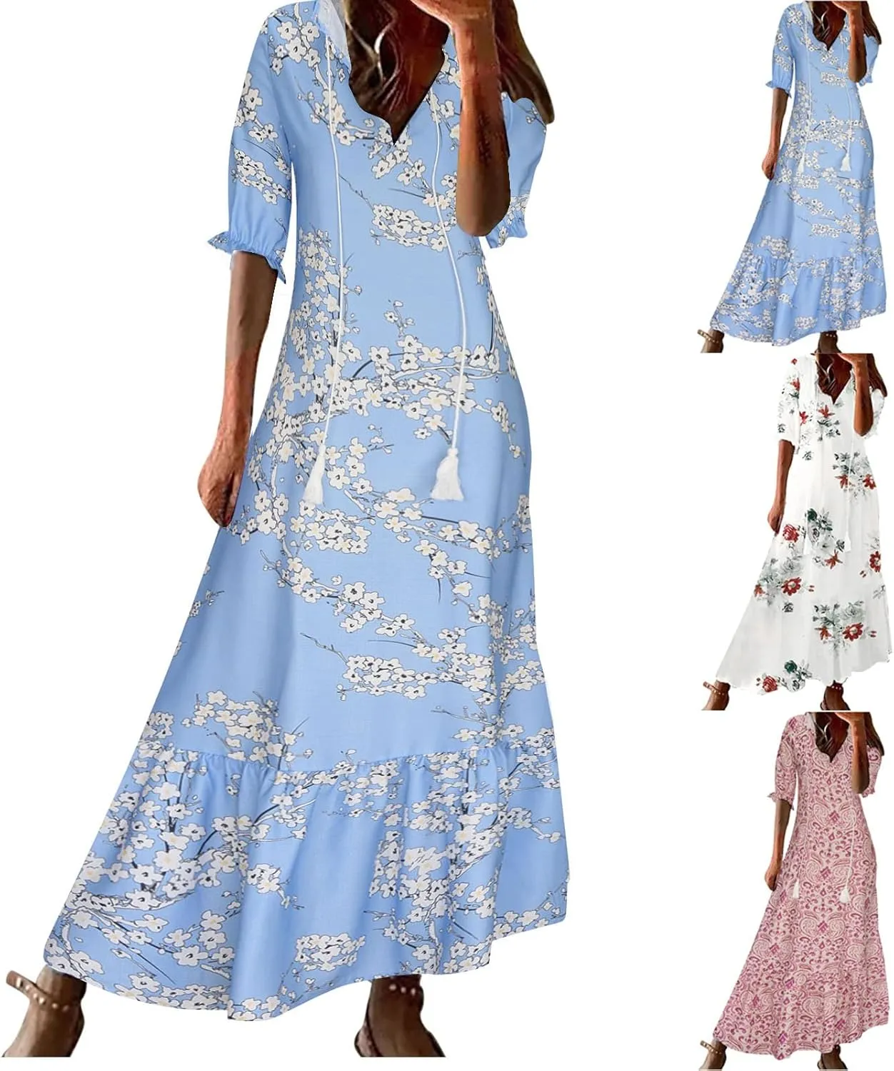 fartey Womens Summer Maxi Dresses V Neck 3/4 Sleeve Floral Print Boho Dresses Casual Loose Flowy Ruffle Wedding Guest Dress