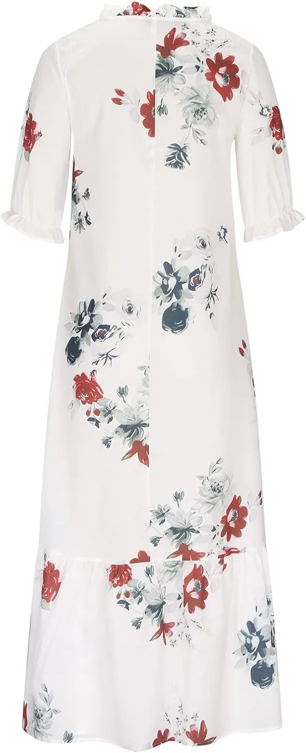 fartey Womens Summer Maxi Dresses V Neck 3/4 Sleeve Floral Print Boho Dresses Casual Loose Flowy Ruffle Wedding Guest Dress