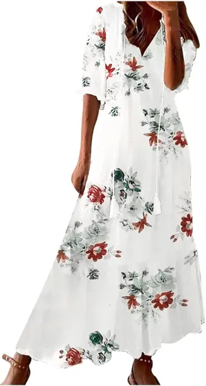 fartey Womens Summer Maxi Dresses V Neck 3/4 Sleeve Floral Print Boho Dresses Casual Loose Flowy Ruffle Wedding Guest Dress