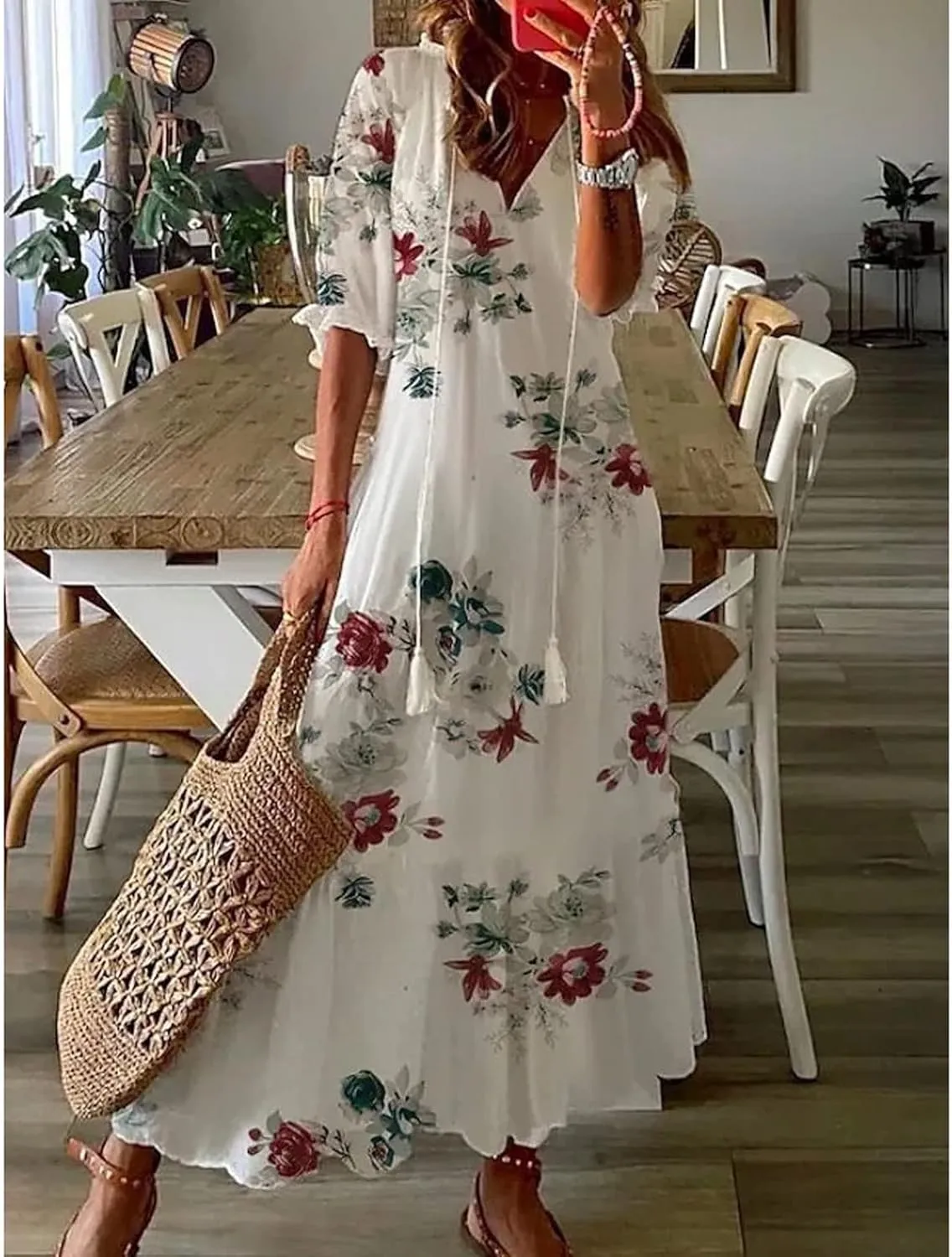 fartey Womens Summer Maxi Dresses V Neck 3/4 Sleeve Floral Print Boho Dresses Casual Loose Flowy Ruffle Wedding Guest Dress