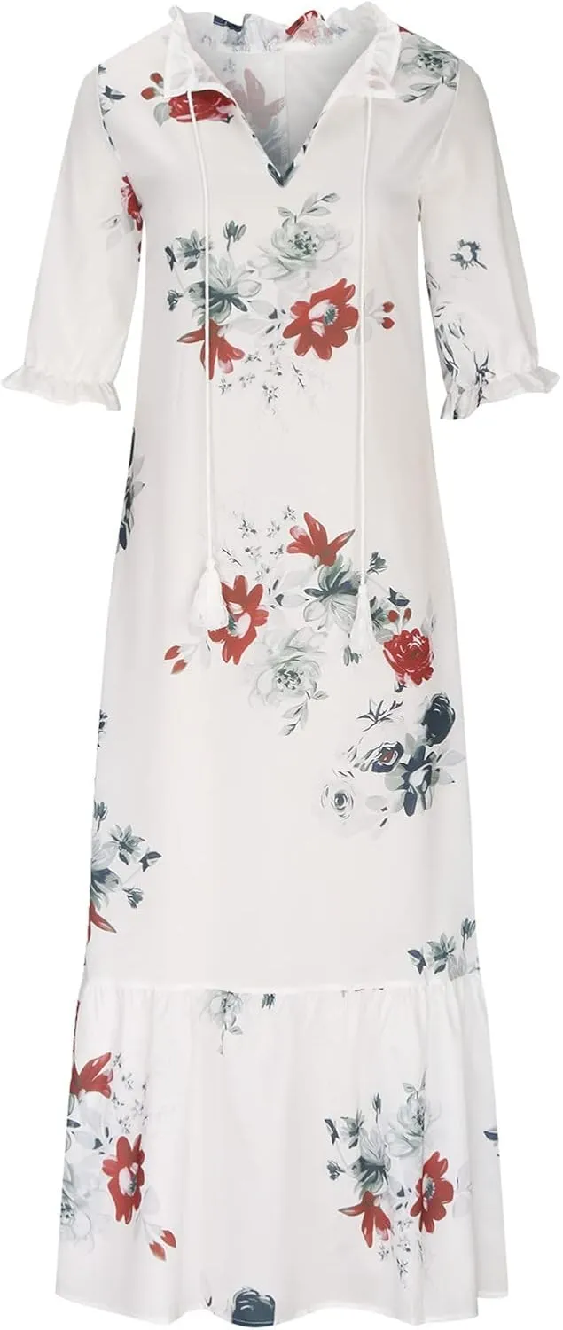 fartey Womens Summer Maxi Dresses V Neck 3/4 Sleeve Floral Print Boho Dresses Casual Loose Flowy Ruffle Wedding Guest Dress
