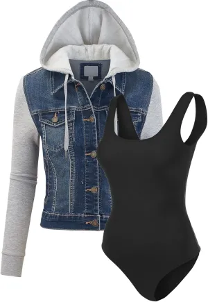 FashionMille Women Vintage Denim Trucker Jacket W/Long Fleece Sleeve
