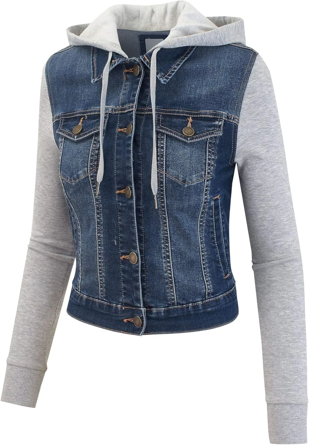 FashionMille Women Vintage Denim Trucker Jacket W/Long Fleece Sleeve
