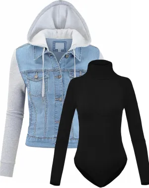 FashionMille Women Vintage Denim Trucker Jacket W/Long Fleece Sleeve