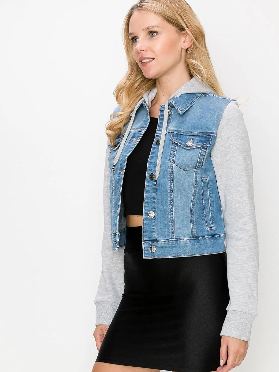 FashionMille Women Vintage Denim Trucker Jacket W/Long Fleece Sleeve