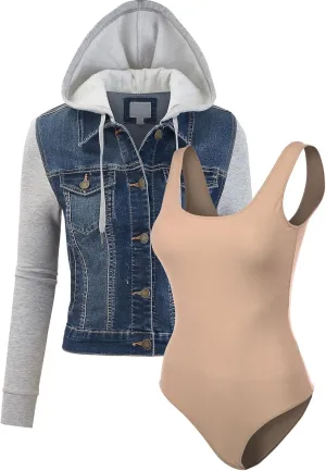 FashionMille Women Vintage Denim Trucker Jacket W/Long Fleece Sleeve