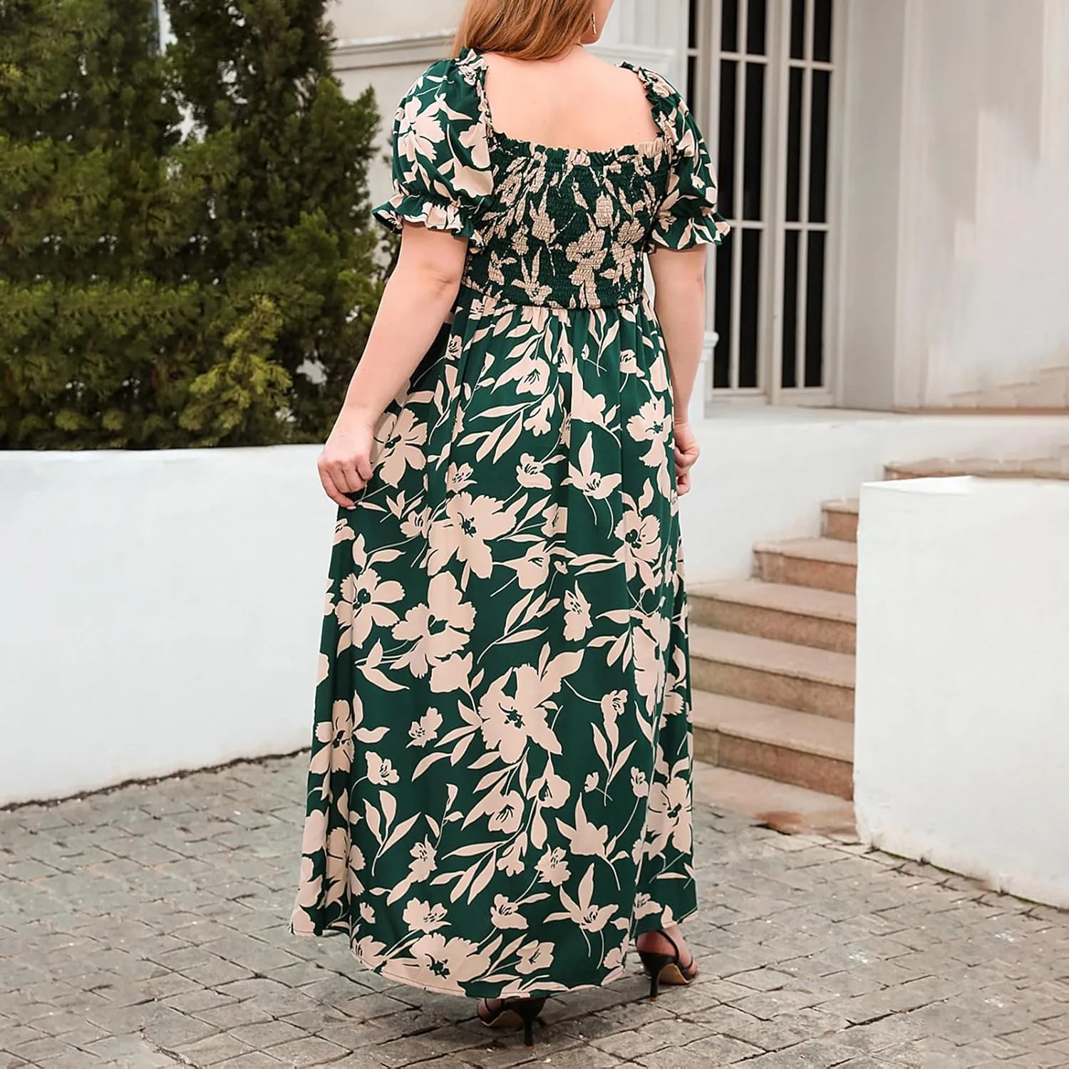 FEORJGP Women Plus Size Boho Midi Dress Summer Highwaist Short Sleeve V Neck Bohemian Floral Print Long Maxi Dress Beachwear