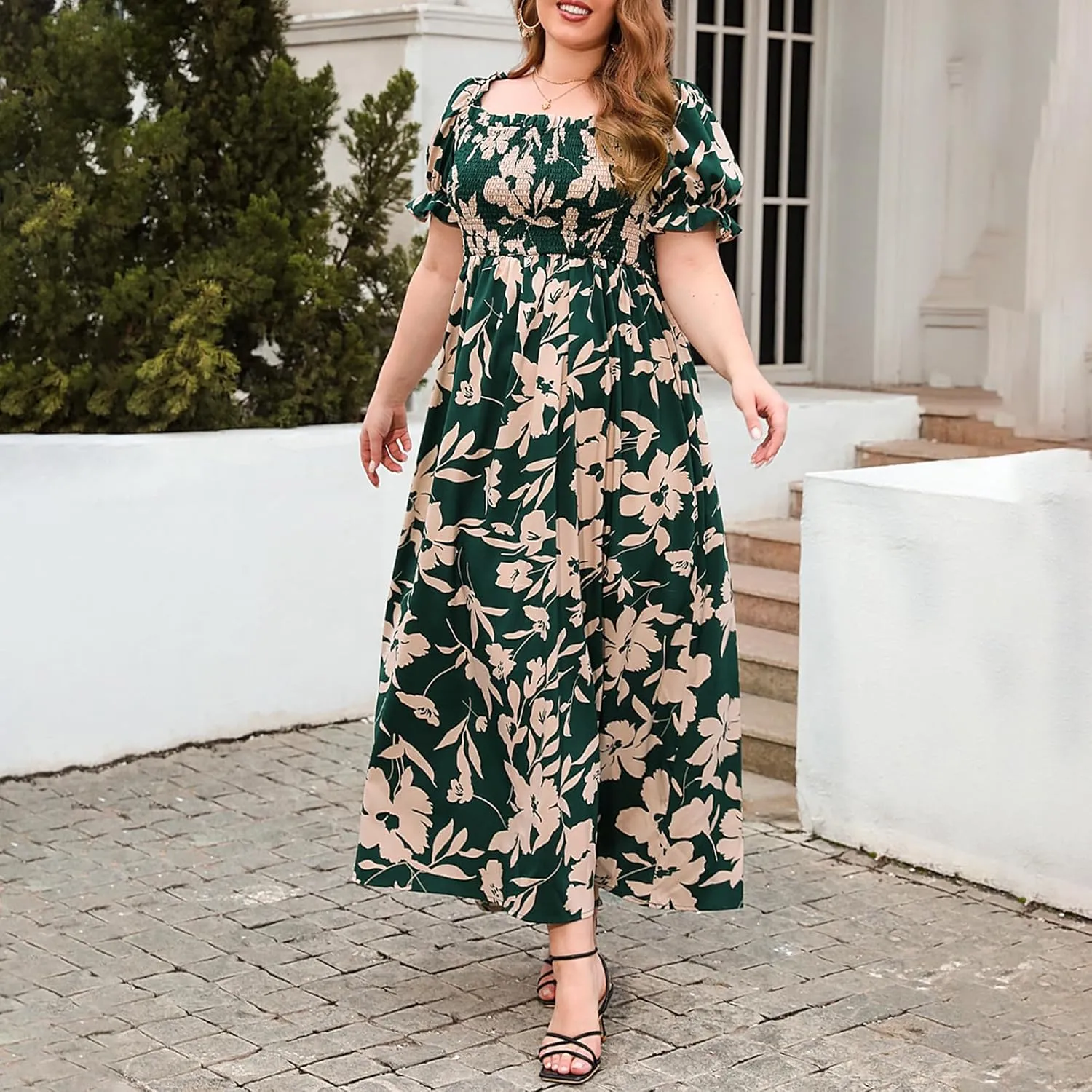 FEORJGP Women Plus Size Boho Midi Dress Summer Highwaist Short Sleeve V Neck Bohemian Floral Print Long Maxi Dress Beachwear