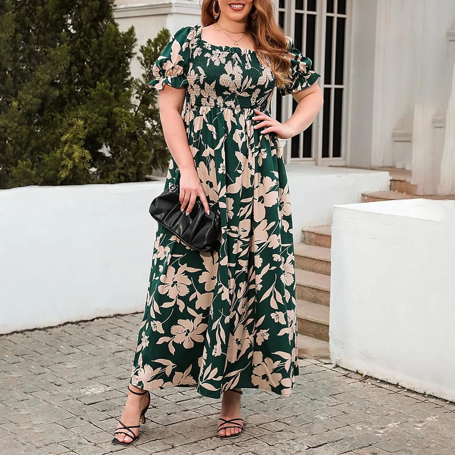 FEORJGP Women Plus Size Boho Midi Dress Summer Highwaist Short Sleeve V Neck Bohemian Floral Print Long Maxi Dress Beachwear