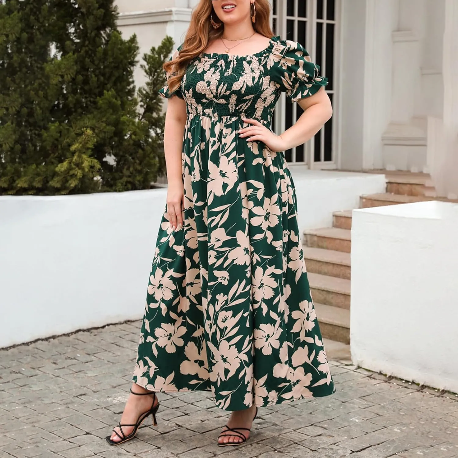 FEORJGP Women Plus Size Boho Midi Dress Summer Highwaist Short Sleeve V Neck Bohemian Floral Print Long Maxi Dress Beachwear