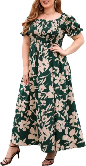 FEORJGP Women Plus Size Boho Midi Dress Summer Highwaist Short Sleeve V Neck Bohemian Floral Print Long Maxi Dress Beachwear