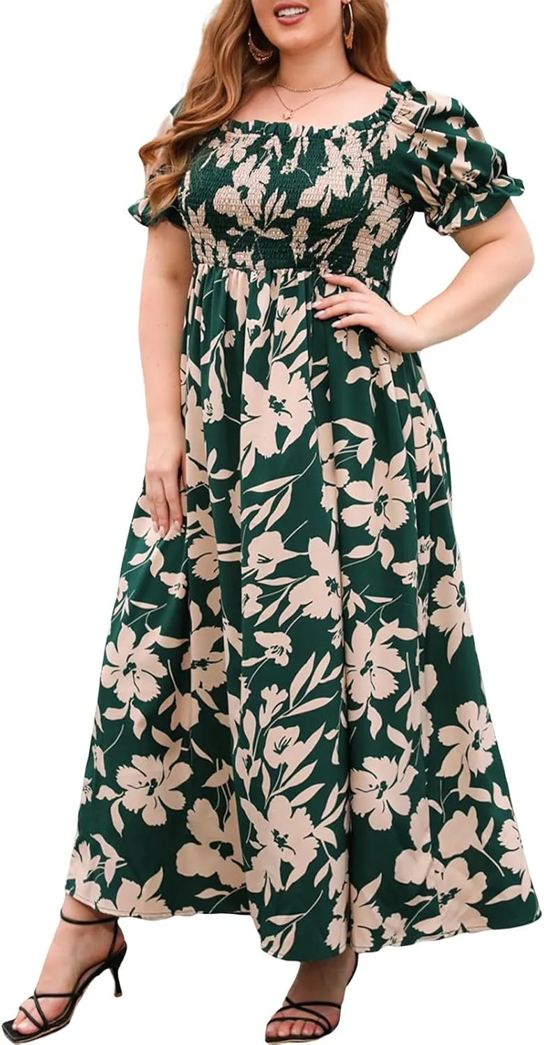 FEORJGP Women Plus Size Boho Midi Dress Summer Highwaist Short Sleeve V Neck Bohemian Floral Print Long Maxi Dress Beachwear