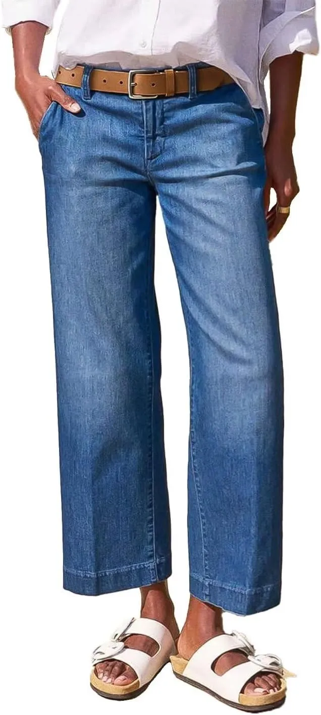 Flamingals Straight Wide Leg Jeans for Women Mid Waisted Casual Raw Hem Denim Capris Pants with Pockets