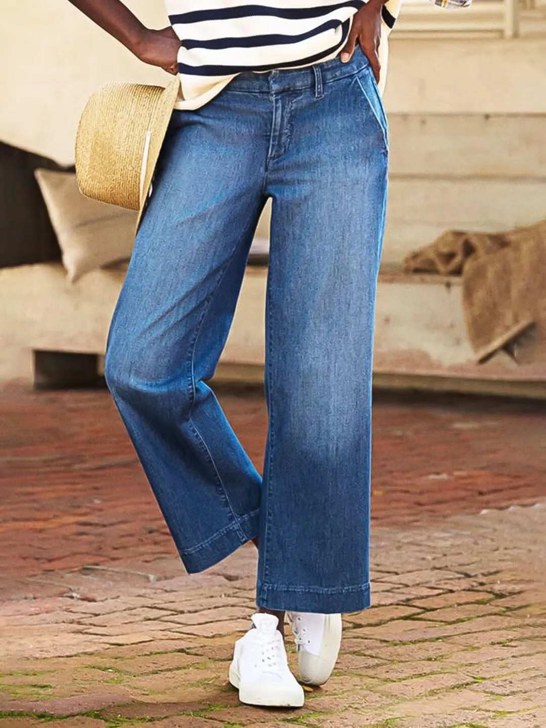 Flamingals Straight Wide Leg Jeans for Women Mid Waisted Casual Raw Hem Denim Capris Pants with Pockets