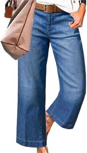 Flamingals Straight Wide Leg Jeans for Women Mid Waisted Casual Raw Hem Denim Capris Pants with Pockets