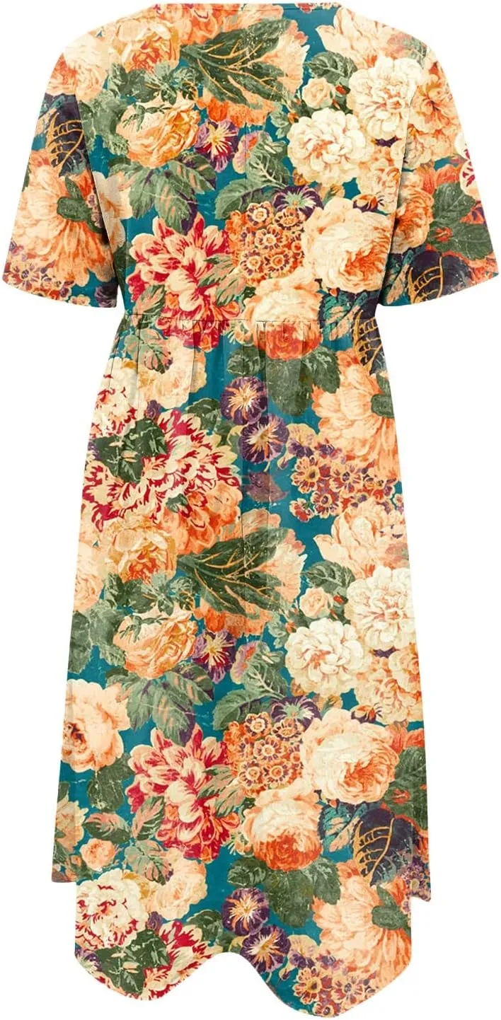 FlekmanArt Dresses for Women 2025 Printed Pleated Long Dress Pocket Short Sleeve Dresses Round Neck Loose Beach Dress