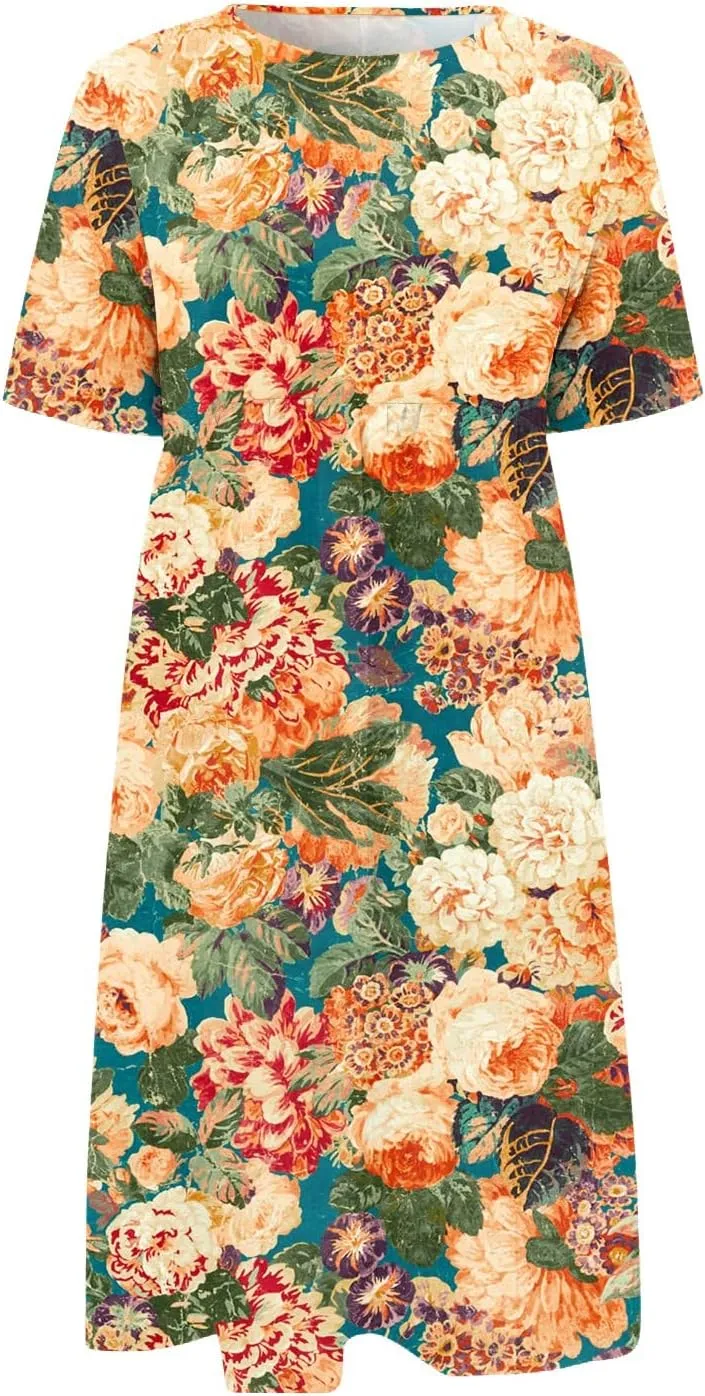 FlekmanArt Dresses for Women 2025 Printed Pleated Long Dress Pocket Short Sleeve Dresses Round Neck Loose Beach Dress