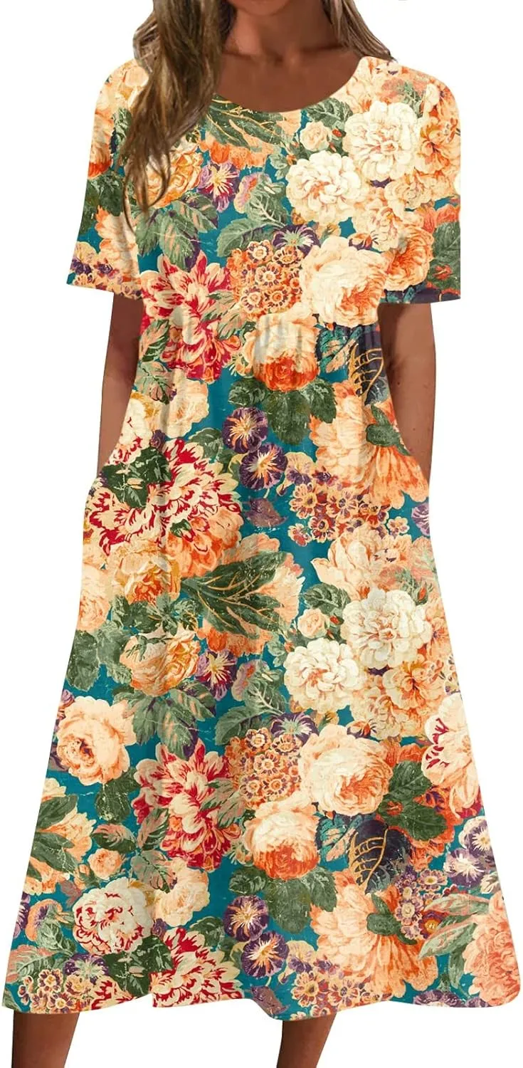 FlekmanArt Dresses for Women 2025 Printed Pleated Long Dress Pocket Short Sleeve Dresses Round Neck Loose Beach Dress