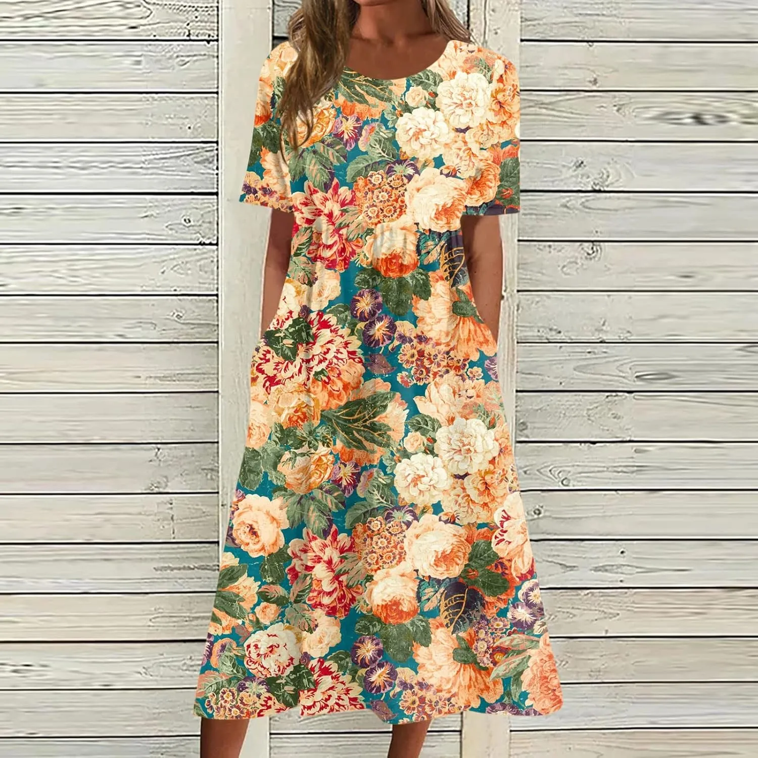 FlekmanArt Dresses for Women 2025 Printed Pleated Long Dress Pocket Short Sleeve Dresses Round Neck Loose Beach Dress