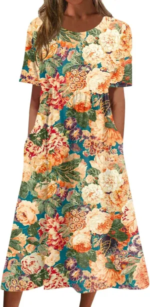 FlekmanArt Dresses for Women 2025 Printed Pleated Long Dress Pocket Short Sleeve Dresses Round Neck Loose Beach Dress