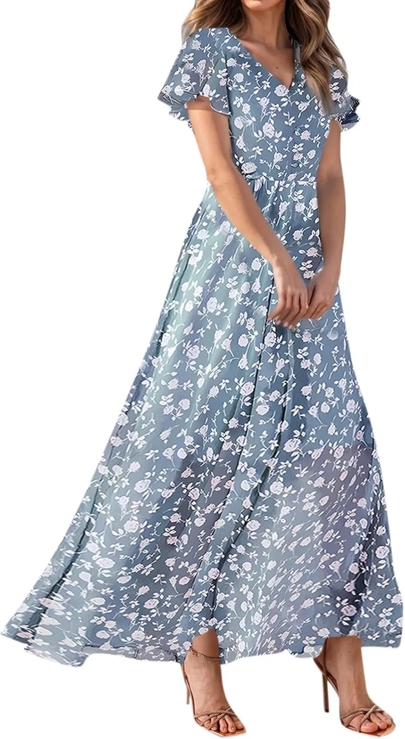 FlekmanArt Maxi Dresses for Women 2025 Swing Flowy Ruffle Hem Swing Dresses Chiffon Comfy Summer Maxi Dress