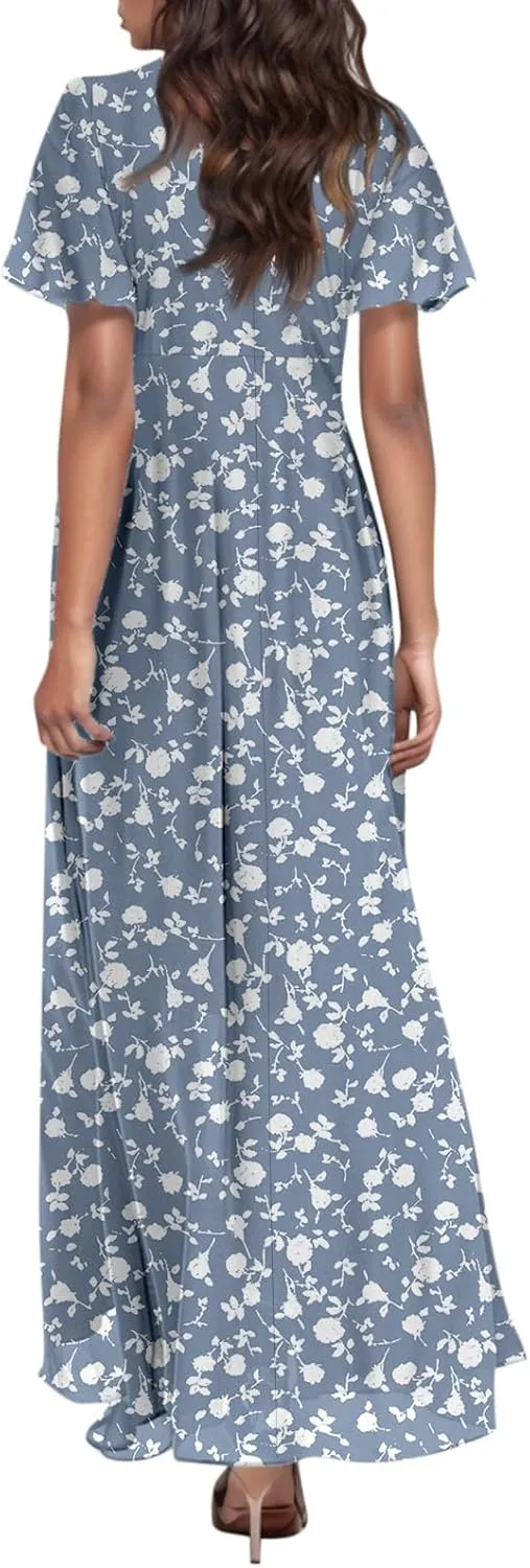 FlekmanArt Maxi Dresses for Women 2025 Swing Flowy Ruffle Hem Swing Dresses Chiffon Comfy Summer Maxi Dress