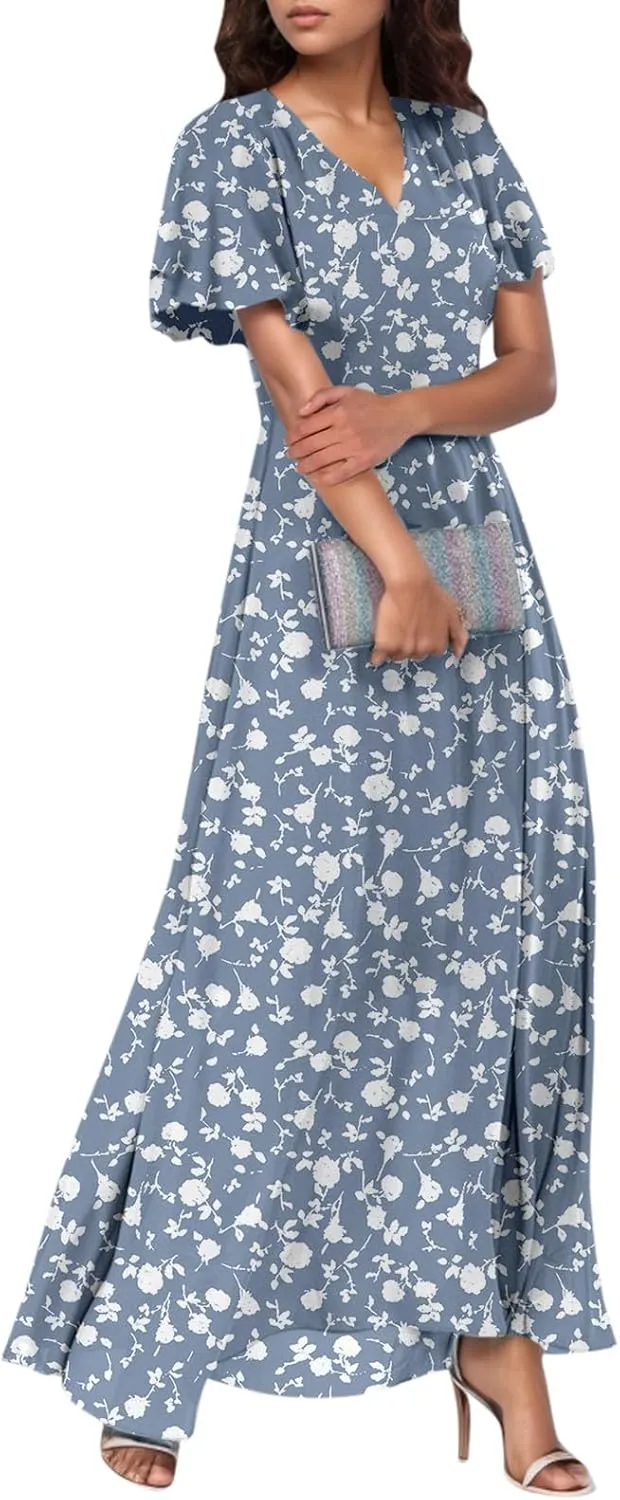FlekmanArt Maxi Dresses for Women 2025 Swing Flowy Ruffle Hem Swing Dresses Chiffon Comfy Summer Maxi Dress
