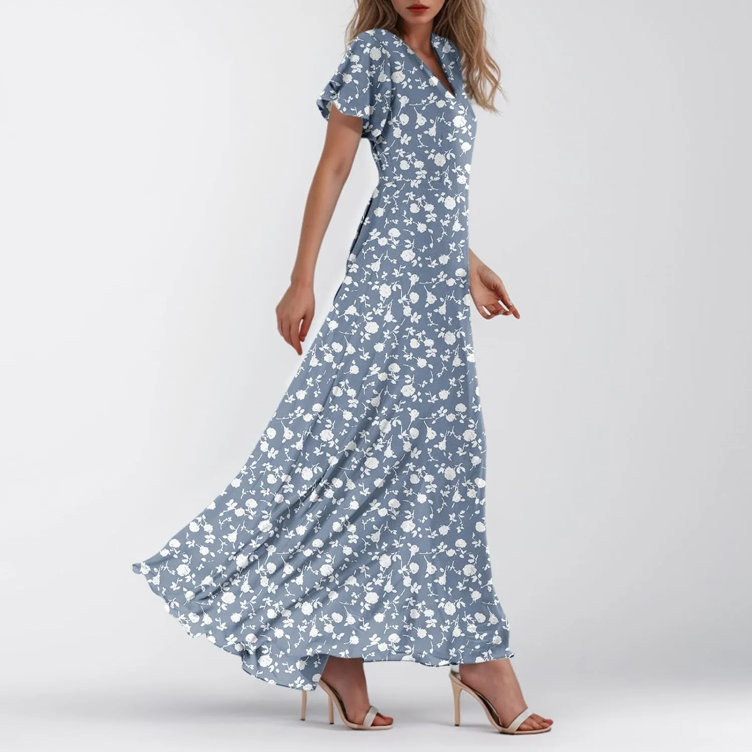 FlekmanArt Maxi Dresses for Women 2025 Swing Flowy Ruffle Hem Swing Dresses Chiffon Comfy Summer Maxi Dress