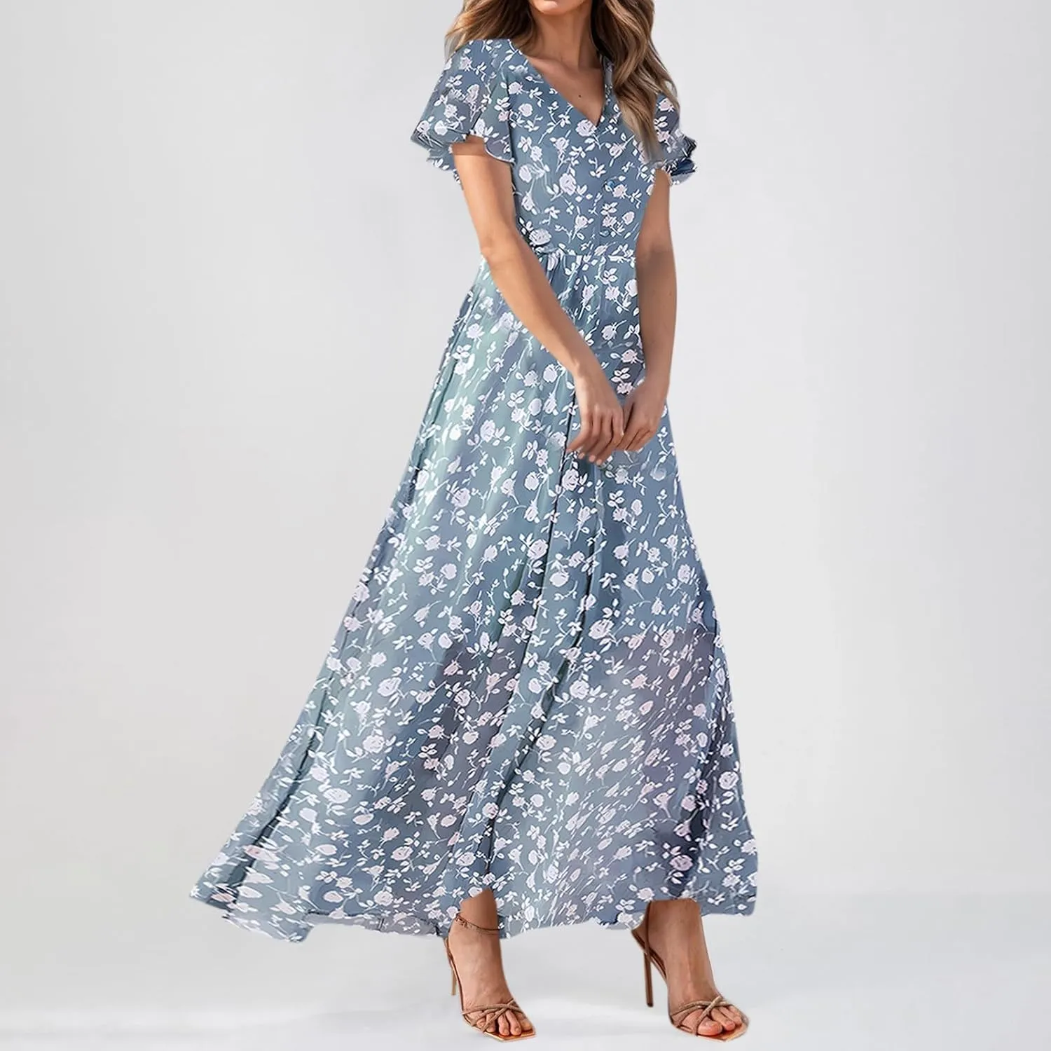 FlekmanArt Maxi Dresses for Women 2025 Swing Flowy Ruffle Hem Swing Dresses Chiffon Comfy Summer Maxi Dress