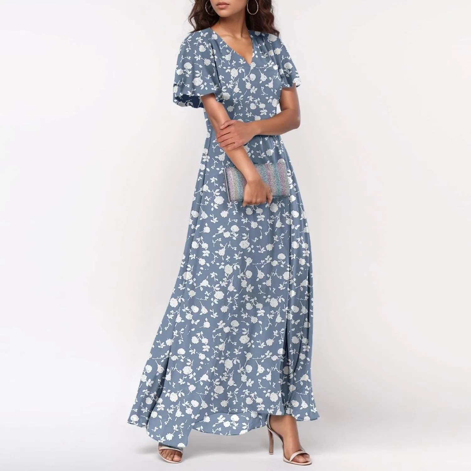 FlekmanArt Maxi Dresses for Women 2025 Swing Flowy Ruffle Hem Swing Dresses Chiffon Comfy Summer Maxi Dress