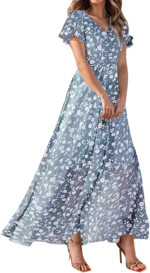 FlekmanArt Maxi Dresses for Women 2025 Swing Flowy Ruffle Hem Swing Dresses Chiffon Comfy Summer Maxi Dress