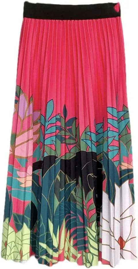 Floral Print Skirt Women Summer Vintage Casual A Line High Waist Pleated Midi Skirt